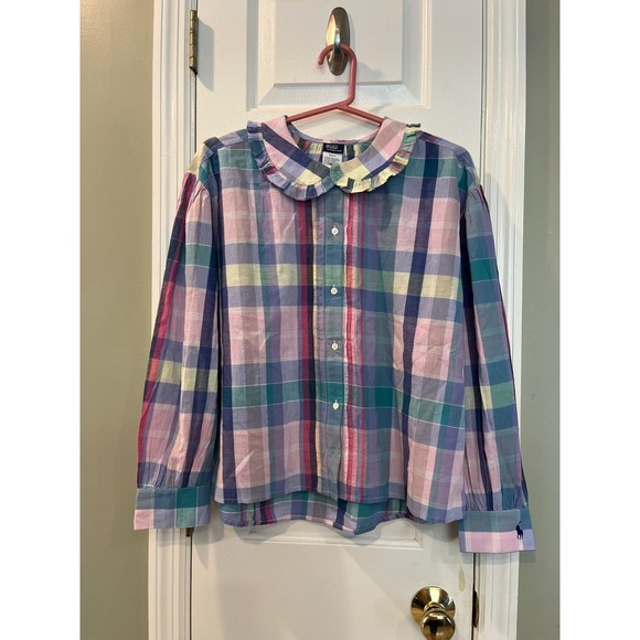 Polo Ralph Lauren Tops - Polo Ralph Lauren Plaid Ruffle Collar Blouse Pink Blue Purple Cotton Top S b7